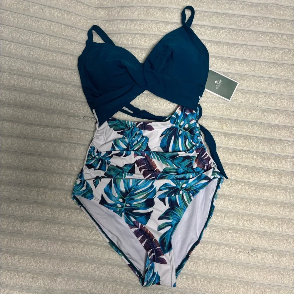 Elegant Teal and Leaf Print One Piece Swimsuit